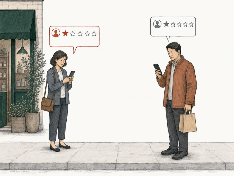 Illustration: two people on the pavement, each posting a one-star review from a phone. At the left, by the green-awning shop, a woman in a slate cardigan; her review card is drawn in red. At the right, apart from her, a man in a rust coat with a paper bag; his review card is drawn in plain gray. Labels: Has grounds, No grounds.