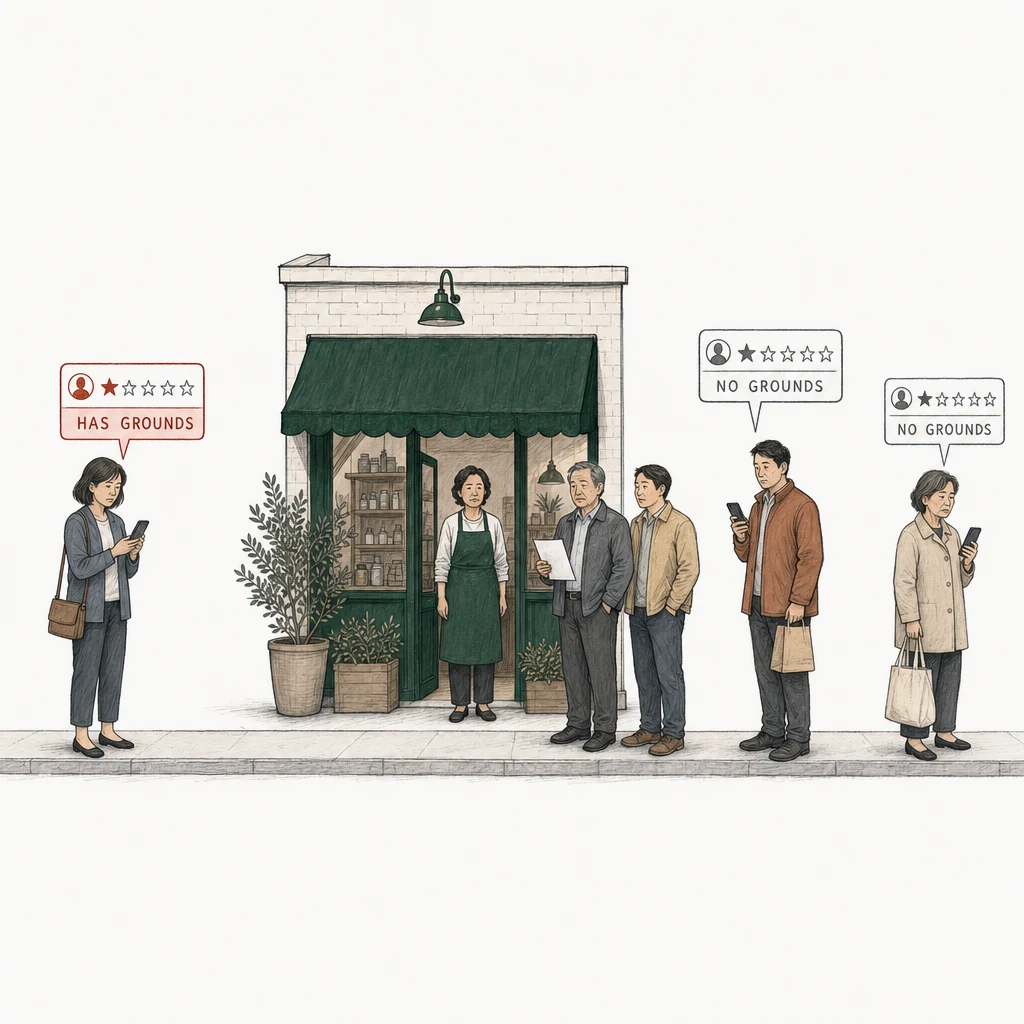 Illustration: a street with a small shop under a green awning. The owner stands in the doorway in the shop's green apron, and two men in plain clothes stand beside her, the older one holding a plain sheet of paper. Three people stand on the pavement, each with a one-star review above a phone. The woman in a slate cardigan has a red card labeled Has grounds. To the right, apart from her, a man in a rust coat with a paper bag and an older woman with a cloth bag each have a plain gray card labeled No grounds. Their reviews have no grounds for removal, so nothing is sold for them.