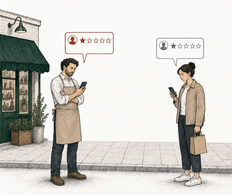 Illustration: two people on the pavement, each reading a one-star review on a phone. At the left, by the green-awning shop, a man in a shop apron; his review card is drawn in red. At the right, apart from him, a young woman with a paper bag; her review card is drawn in plain gray. Labels: Works for a competitor, Rude at the counter.
