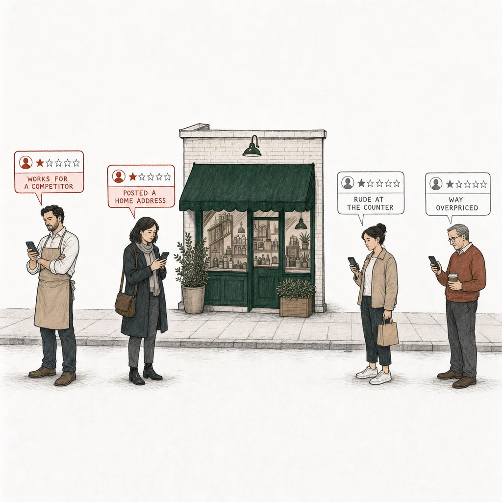 Illustration: a street with a small shop under a green awning. Four people stand on the pavement, each reading a one-star review on a phone. Two of the review cards are drawn in red and labelled with what breaks a policy: Works for a competitor, a man in a shop apron; Posted a home address, a woman in a dark coat. At the right, apart from them, two ordinary customers hold one-star reviews drawn in plain gray: Rude at the counter, a young woman with a paper bag; Way overpriced, an older man with a coffee cup.