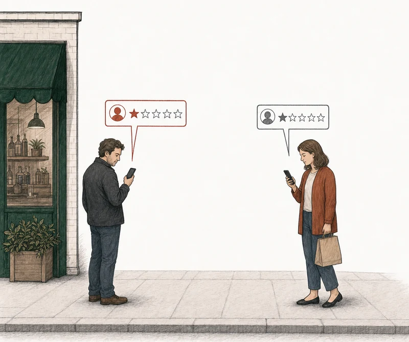 Illustration: two people on the pavement, each posting a one-star review from a phone. At the left, by the green-awning diner, a man in a dark jacket who never came in; his review card is drawn in red. At the right, apart from him, a customer holding a takeaway bag; her review card is drawn in plain gray. Labels: Never came in, Ate here, hated it.