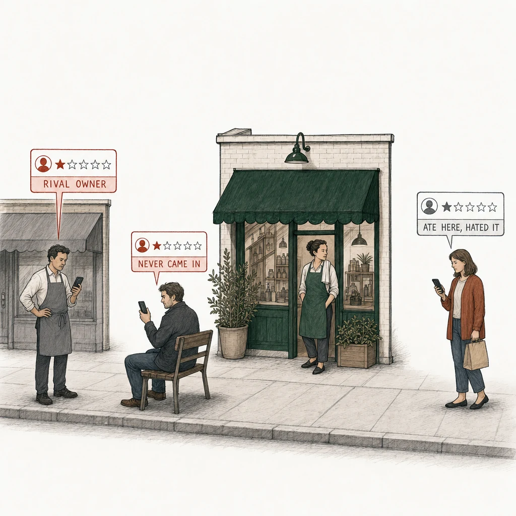 Illustration: a small diner under a green awning, its owner in the doorway with nothing in her hands. Three people on the pavement, each posting a one-star review from a phone. Two of the review cards are drawn in red and labelled with who the writer is: Rival owner, a man in a gray apron outside his own gray-awning shop; Never came in, a man on a chair, turned away from the diner. At the right, apart from them, a customer holding a takeaway bag posts a one-star review drawn in plain gray, labelled Ate here, hated it.