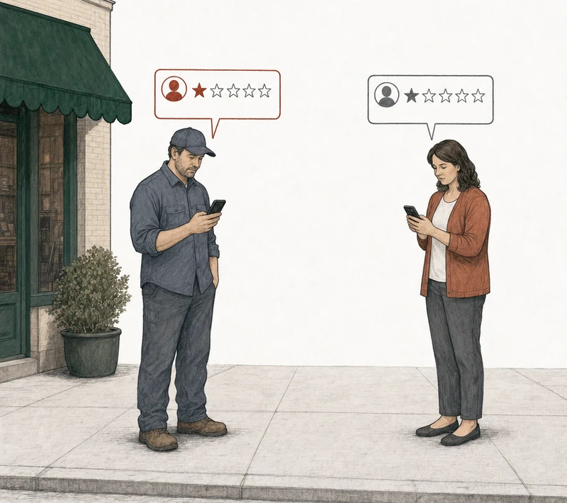 Illustration: two people on the pavement, each posting a one-star review from a phone. At the left, by the green-awning shop, the owner of a rival lawn service in his work shirt and cap; his review card is drawn in red. At the right, apart from him, a customer in a cardigan; her review card is drawn in plain gray. Labels: Competitor, Customer.