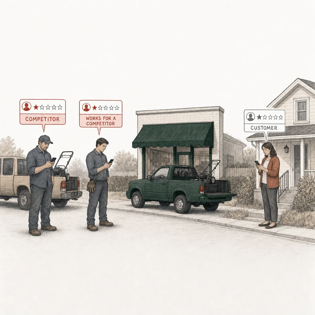 Illustration: a lawn care company under a green awning, its green pickup truck at the curb. Three people, each posting a one-star review from a phone. Two of the review cards are drawn in red and labelled with who the writer is: Competitor, the owner of a rival lawn service standing by his own beige truck; Works for a competitor, one of his crew in the same work shirt. At the right, apart from them, a homeowner outside her house posts a one-star review drawn in plain gray, labelled Customer.
