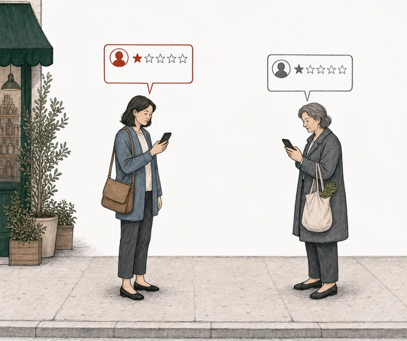 Illustration: two people on the pavement, each with a one-star review above a phone. At the left, by the green-awning shop, a woman in a slate cardigan; her review card is drawn in red. At the right, apart from her, an older woman with a shopping bag; her review card is drawn in plain gray. Labels: Under appeal, Customer.