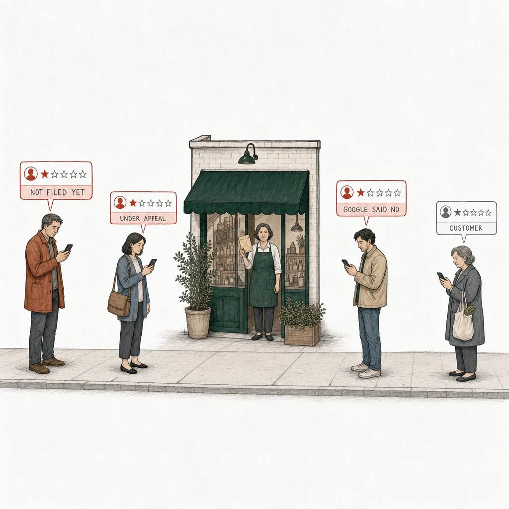 Illustration: a street with a small shop under a green awning. The owner stands in the doorway in the shop's green apron, holding up a plain sealed envelope. Four people stand on the pavement, each with a one-star review above a phone. The man in a rust coat has a red card labeled Not filed yet: an appeal bought, with nothing filed with Google yet. The woman in a slate cardigan has a red card labeled Under appeal, waiting on Google. The younger man in a beige jacket has a red card labeled Google said no. At the far right, apart from them, an older woman with a shopping bag has a plain gray card labeled Customer: she wrote one of the reviews.