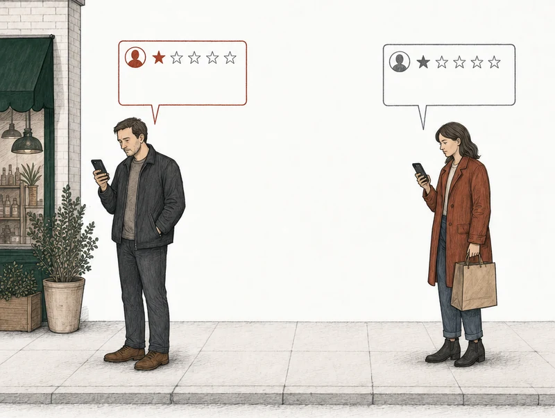 Illustration: two people on the pavement, each posting a one-star review from a phone. At the left, by the green-awning shop, a man in a dark jacket; his review card is drawn in red. At the right, apart from him, a customer holding a shopping bag; her review card is drawn in plain gray. Labels: Accusation, nothing described, A real visit, told a way you dispute.