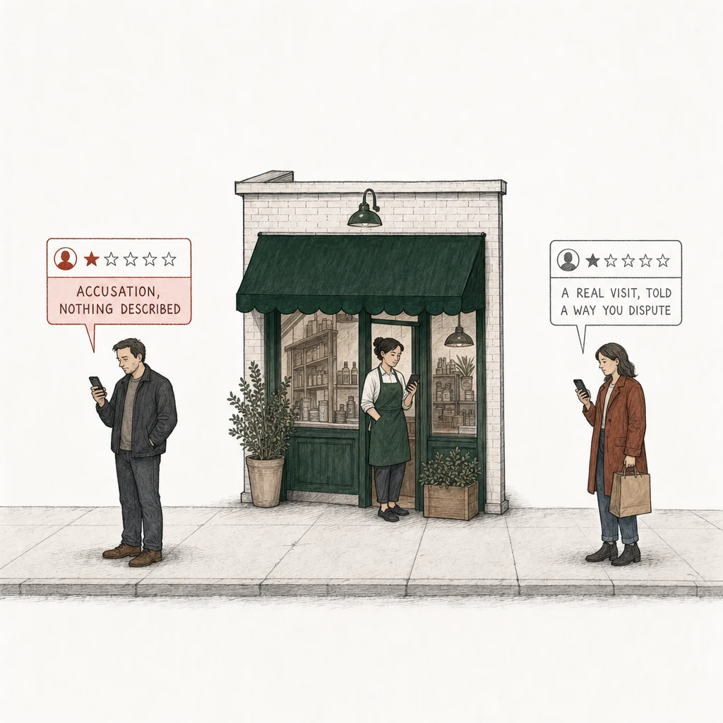 Illustration: a small shop under a green awning, its owner in the doorway reading her phone. Two people on the pavement, each posting a one-star review from a phone. At the left, apart from the shop, a man in a dark jacket; his review card is drawn in red and labelled Accusation, nothing described. At the right, past the end of the shop front, a customer in a rust coat holding a shopping bag; her review card is drawn in plain gray and labelled A real visit, told a way you dispute.