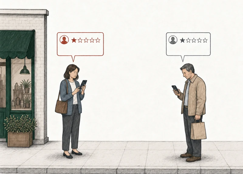Illustration: two people on the pavement, each posting a one-star review from a phone. At the left, by the green-awning shop, a woman in a slate cardigan; her review card is drawn in red. At the right, apart from her, a man in a beige jacket with a paper bag; his review card is drawn in plain gray. Labels: Breaks a policy, Breaks no policy.