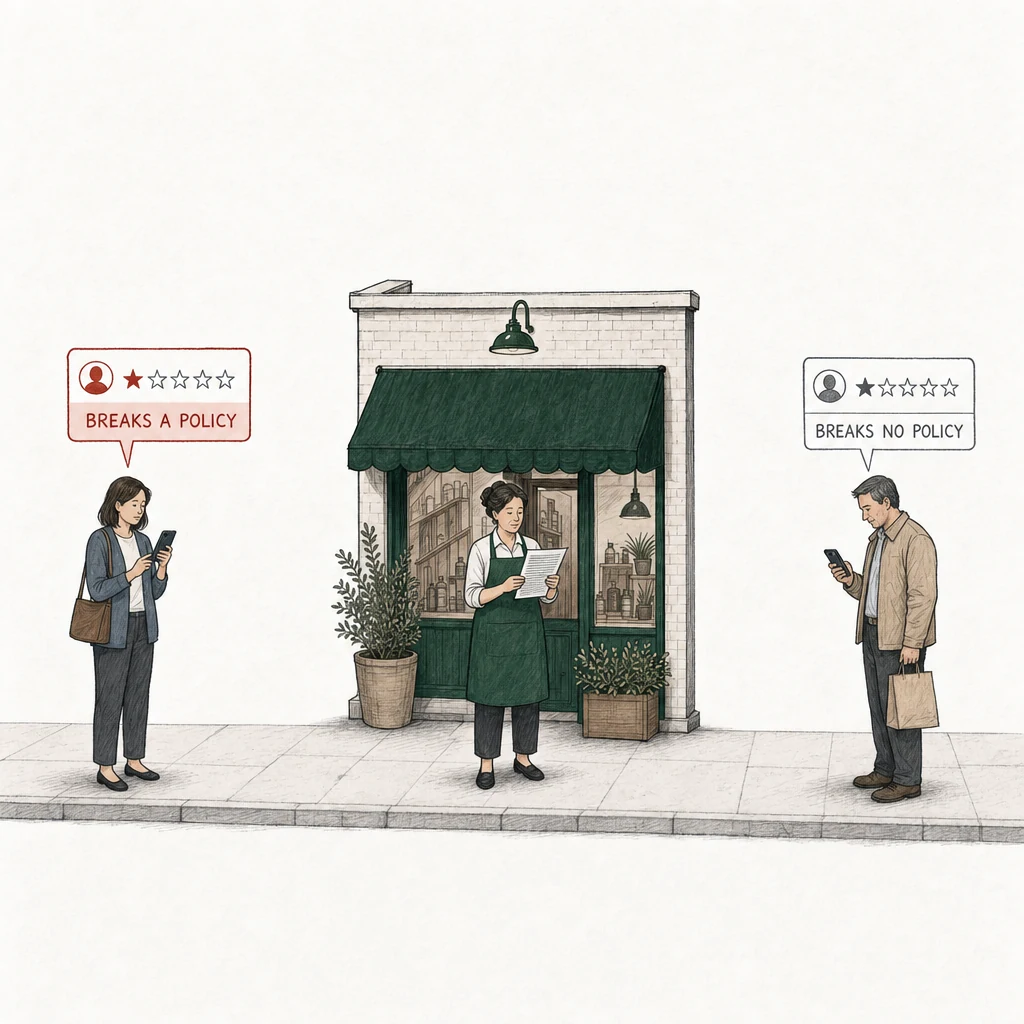 Illustration: a street with a small shop under a green awning. The owner stands in front of it in her apron, reading a printed sheet of terms. On the pavement two people post one-star reviews from their phones. At the left, a woman in a slate cardigan; her review card is drawn in red and labeled Breaks a policy. At the right, apart from her, a man in a beige jacket with a paper bag; his card is drawn in plain gray and labeled Breaks no policy.