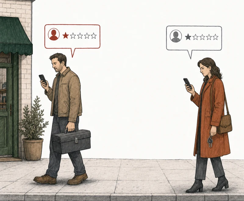 Illustration: two people on the pavement, each posting a one-star review from a phone. At the left, by the green-awning shop, a former employee, a mechanic carrying his toolbox; his review card is drawn in red. At the right, apart from him, a customer holding her car keys; her review card is drawn in plain gray. Labels: Former employee, Customer.