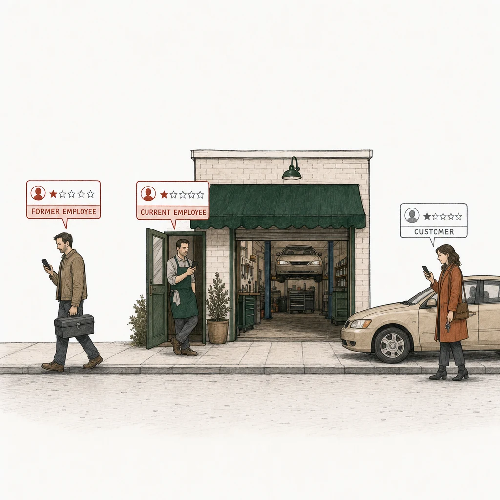 Illustration: an auto repair shop under a green awning, its bay door open. Three people, each posting a one-star review from a phone. Two of the review cards are drawn in red and labelled with who the writer is: Current employee, a mechanic in the shop's green apron in its doorway; Former employee, a mechanic in street clothes walking away with his toolbox. At the right, apart from them, a customer picking up her car posts a one-star review drawn in plain gray, labelled Customer.