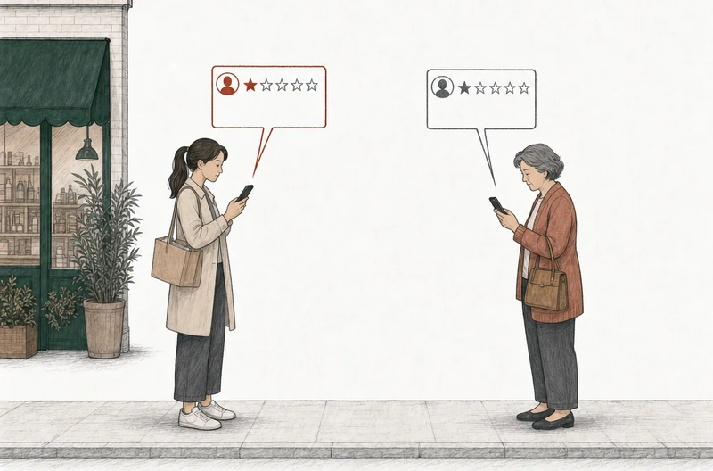 Illustration: two people on the pavement, each posting a one-star review from a phone. At the left, by the practice's green awning, a woman in a plain coat; her review card is drawn in red. At the right, apart from her, an older patient with a handbag; her review card is drawn in plain gray. Labels: Hygienist's street, Long wait.