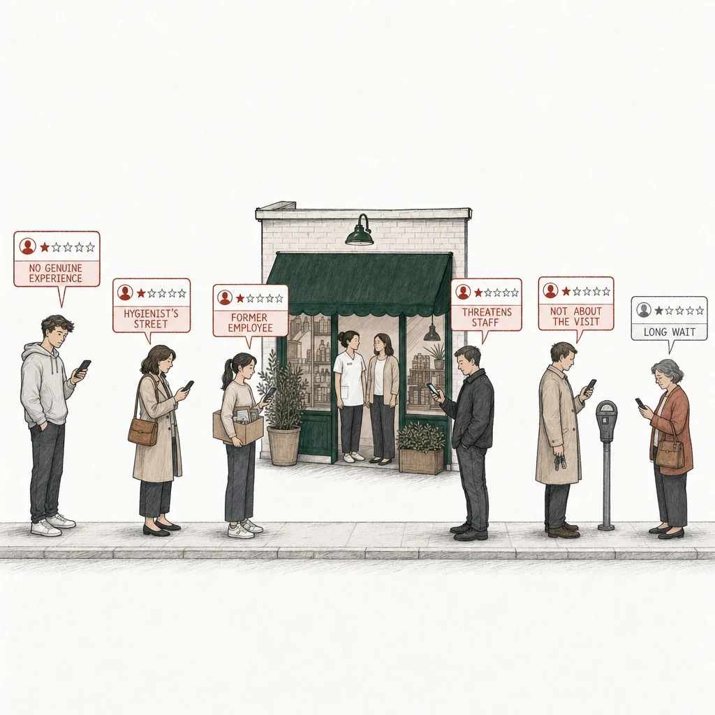 Illustration: a street with a dental practice under a green awning; in its doorway the dentist in a white clinical tunic and her office manager in a cardigan stand with empty hands. Six people post a one-star review from a phone. Five of the review cards are drawn in red and labelled with what breaks a Google policy: No genuine experience, a young man in a gray hooded sweatshirt standing well away from the others; Hygienist's street, a woman in a plain coat a step from the doorway; Former employee, a young woman with a cardboard box of belongings; Threatens staff, a man in a dark jacket squared up; Not about the visit, a man with car keys beside a parking meter. At the far right, apart, an older patient with a handbag posts a one-star review drawn in plain gray, labelled Long wait.