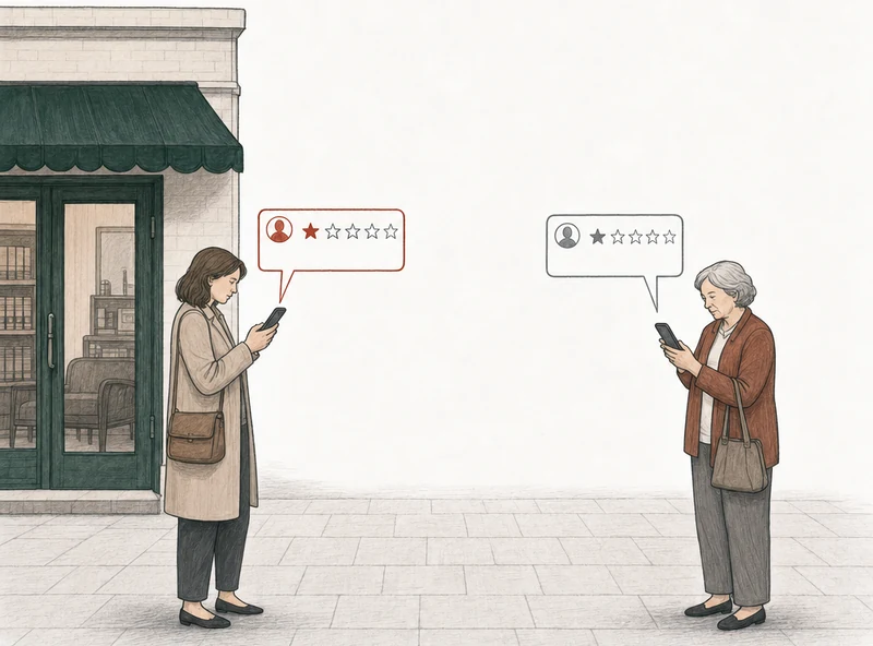 Illustration: two people on the pavement, each posting a one-star review from a phone. At the left, by the practice building's green awning, a woman in a plain coat; her review card is drawn in red. At the right, apart from her, an older patient with a handbag; her review card is drawn in plain gray. Labels: Hygienist's name and street, Long wait.