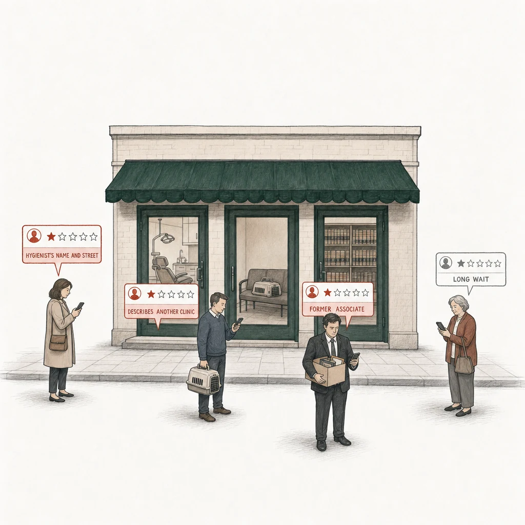 Illustration: a low professional building with three doors under one green awning, a dental office, a vet clinic and a law firm. Four people stand on the pavement in front, each posting a one-star review from a phone. Three of the review cards are drawn in red and labelled with what can break a policy: Hygienist's name and street, a woman in a plain coat by the dental door; Describes another clinic, a man with a cat carrier by the vet door; Former associate, a man in a suit jacket with a box of belongings by the law firm's door. At the right, apart from them, an older patient with a handbag posts a one-star review drawn in plain gray: Long wait.