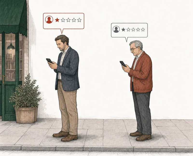 Illustration: two people on the pavement, each posting a one-star review from a phone. At the left, by the law office's green awning, a man in a slate blue-gray jacket has a card drawn in red, labelled Client's name and injuries. At the right, apart from him, an older man in a rust cardigan has a card drawn in plain gray, labelled Names the attorney. Labels: Client's name and injuries, Names the attorney.