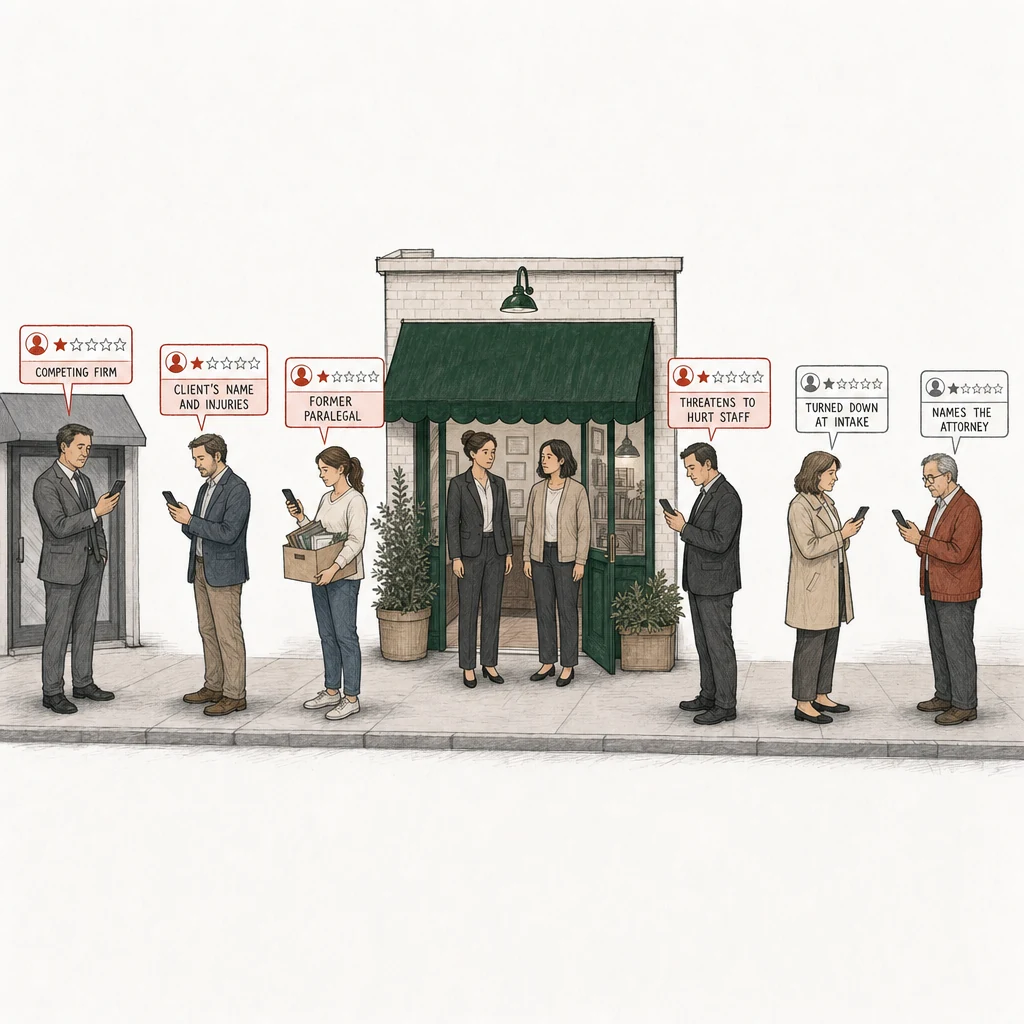 Illustration: a street with a law office under a green awning. The attorney, in a dark suit, and her intake coordinator, in a beige cardigan, stand in the doorway with empty hands. Six people on the pavement post a one-star review from a phone. Four of the cards are drawn in red and labelled with what can break a Google policy. At the far left, a man in a gray suit in front of a smaller office with a gray awning has the card labelled Competing firm. A man in a slate blue-gray jacket has Client's name and injuries. A young woman carrying a cardboard box of belongings has Former paralegal. Past the doorway, a man in a dark jacket has Threatens to hurt staff. Two cards are drawn in plain gray, the two that don't break a policy. A woman in a beige coat has Turned down at intake, and at the far right an older man in a rust cardigan has Names the attorney.