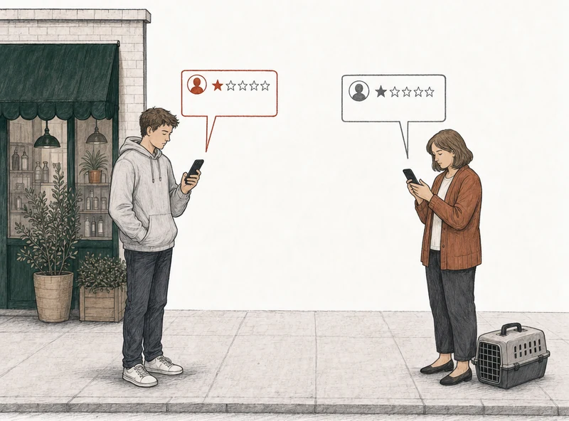 Illustration: two people on the pavement, each posting a one-star review from a phone. At the left, by the clinic's green awning, a young man in a gray hooded sweatshirt has a card drawn in red, labelled Only saw a post. At the right, apart from him, a woman in a rust cardigan with a pet carrier at her feet has a card drawn in plain gray, labelled Refused a payment plan. Labels: Only saw a post, Refused a payment plan.