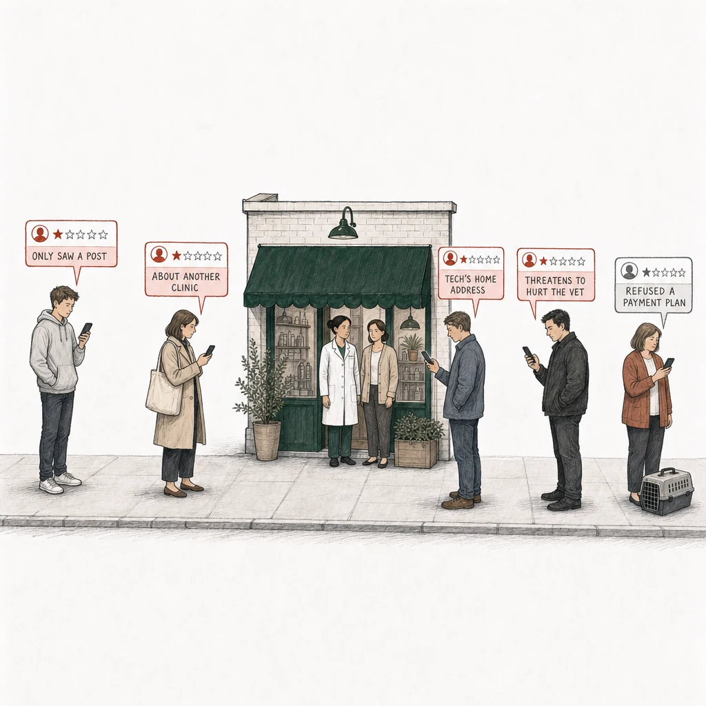 Illustration: a street with a veterinary clinic under a green awning. The veterinarian, in a white clinical coat, and her front-desk lead, in a beige cardigan, stand in the doorway with empty hands. Five people on the pavement post a one-star review from a phone. Four of the cards are drawn in red and labelled with what can break a Google policy. A young man in a gray hooded sweatshirt, standing well away from the others, has the card labelled Only saw a post. A woman in a beige coat with a tote bag has About another clinic. Past the doorway, a man in a slate jacket has Tech's home address, and a man in a dark jacket has Threatens to hurt the vet. At the far right, apart, a woman in a rust cardigan with a pet carrier at her feet has a card drawn in plain gray, labelled Refused a payment plan.