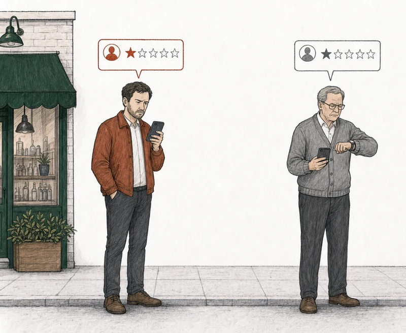 Illustration: two people on the pavement, each posting a one-star review from a phone. At the left, by the green-awning shop, a man in a rust jacket; his review card is drawn in red. At the right, apart from him, an older man in a gray cardigan with a wristwatch; his review card is drawn in plain gray. Labels: Calls the owner a crook, Waited an hour.