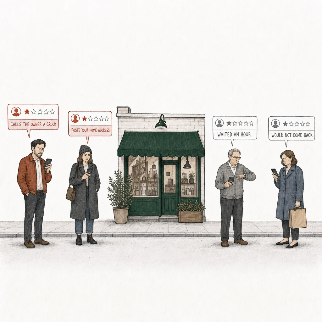 Illustration: a street with a small shop under a green awning. Four people stand on the pavement, each posting a one-star review from a phone. Two of the review cards are drawn in red and labelled with what breaks a policy: Calls the owner a crook, a man in a rust jacket; Posts your home address, a woman in a dark coat. At the right, apart from them, two ordinary customers post one-star reviews drawn in plain gray: Waited an hour, an older man checking his wristwatch; Would not come back, a woman with a paper bag.
