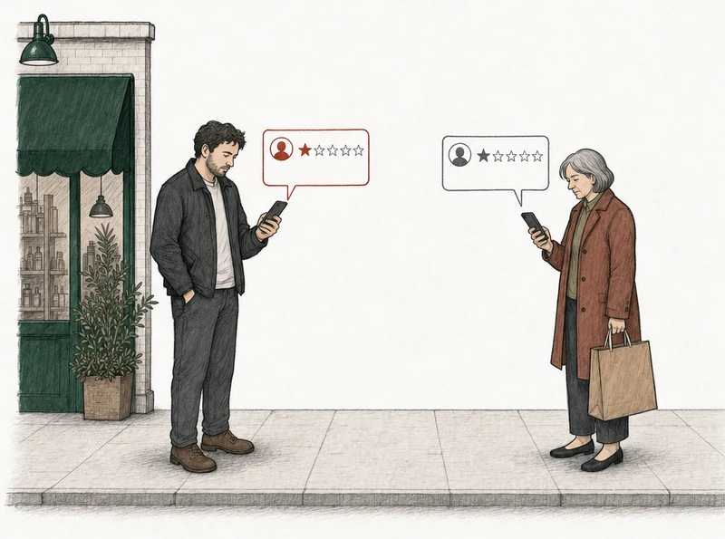 Illustration: two people on the pavement, each posting a one-star review from a phone. At the left, by the green-awning shop, a man in a dark jacket who posted the day the demand came; his review card is drawn in red. At the right, apart from him, a customer holding a shopping bag; her review card is drawn in plain gray. Labels: Posted the day the demand came, A customer, last month.