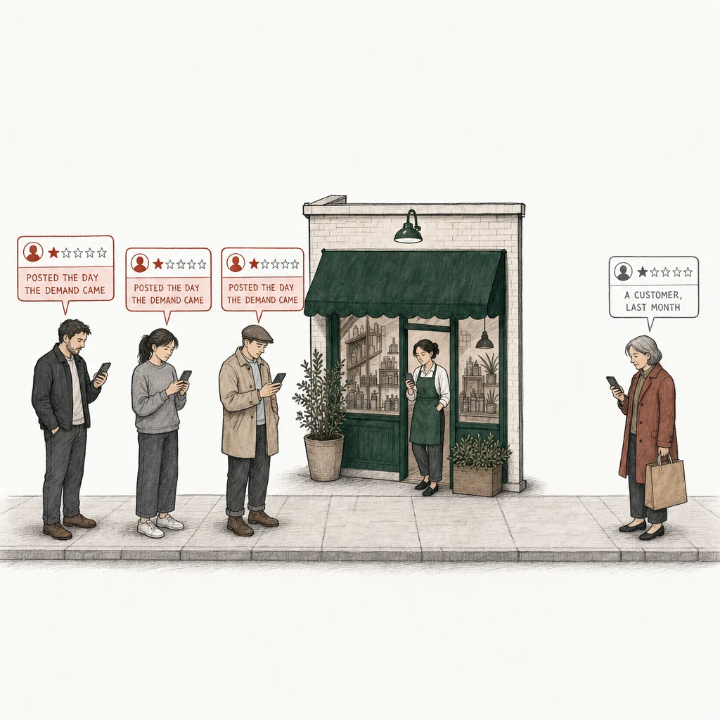 Illustration: a small shop under a green awning, its owner in the doorway reading her phone. Four people on the pavement, each posting a one-star review from a phone. At the left, three strangers standing as a group; their three review cards are drawn in red and labelled Posted the day the demand came. At the right, apart from them, a customer with a shopping bag posts a one-star review drawn in plain gray, labelled A customer, last month.