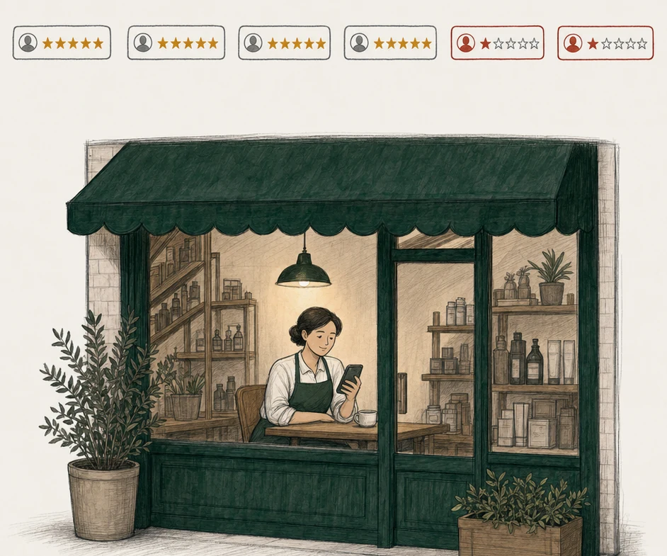 The shop owner sits at a table inside the shop after closing, reading her phone. Above the shop floats a row of six review cards: four with five gold stars, two one-star cards drawn in red.