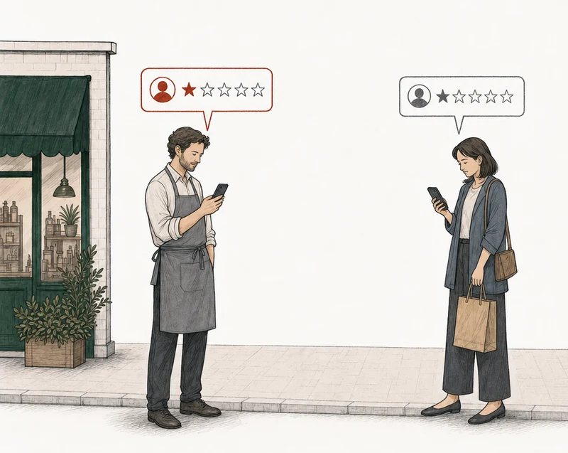 Illustration: two people on the pavement, each posting a one-star review from a phone. At the left, by the green-awning shop, a man in a gray apron; his review card is drawn in red. At the right, apart from him, a woman with a shopping bag; her review card is drawn in plain gray. Labels: Conflict of interest, Customer.