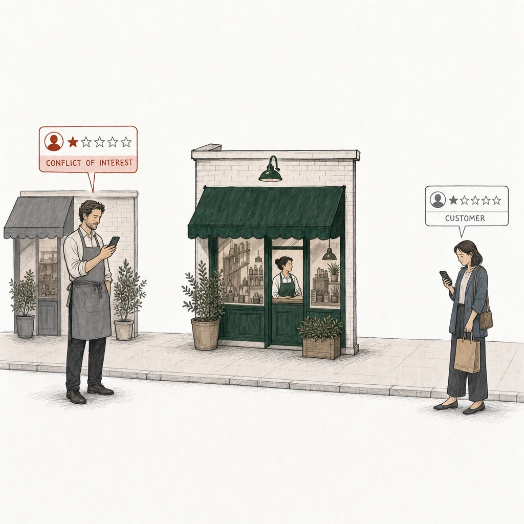 Illustration: a street with a small shop under a green awning. Two people stand on the pavement, each posting a one-star review from a phone. At the left, in front of his own smaller shop with a gray awning, a man in a gray apron; his review card is drawn in red and labelled Conflict of interest. At the right, apart from him, an ordinary customer with a shopping bag; her review card is drawn in plain gray and labelled Customer.