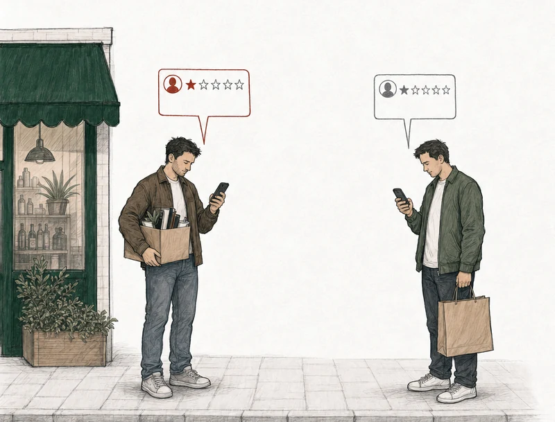 Illustration: two people on the pavement, each posting a one-star review from a phone. At the left, by the green-awning shop, a former employee carrying a box of belongings; his review card is drawn in red. At the right, apart from him, an ordinary customer with a shopping bag; his review card is drawn in plain gray. Labels: Former employee, Customer.