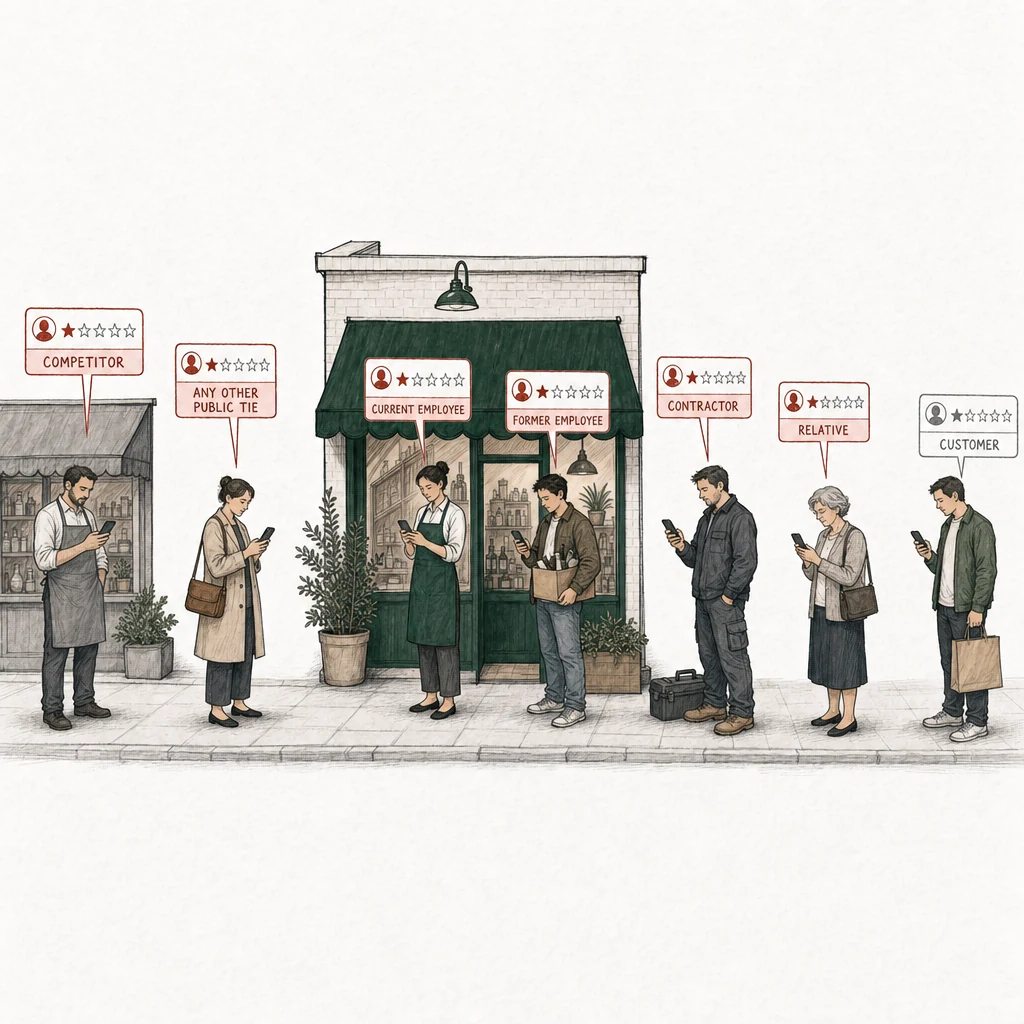 Illustration: a street with a small shop under a green awning. Seven people stand on the pavement, each posting a one-star review from a phone. Six of the review cards are drawn in red and labelled with who the writer is: Competitor, a rival shop owner in a gray apron in front of his own shop; Any other public tie, his wife beside him; Current employee, a worker in the shop's green apron in its doorway; Former employee, a person in street clothes carrying a box of belongings; Contractor, a tradesman with a toolbox; Relative, an older woman. At the right, an ordinary customer with a shopping bag posts a one-star review drawn in plain gray, labelled Customer.