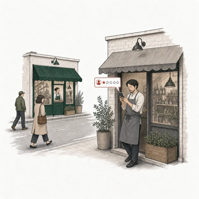 A rival shop owner in a gray apron, in the doorway of his own shop, posts a one-star review; the green-awning shop is across the street.