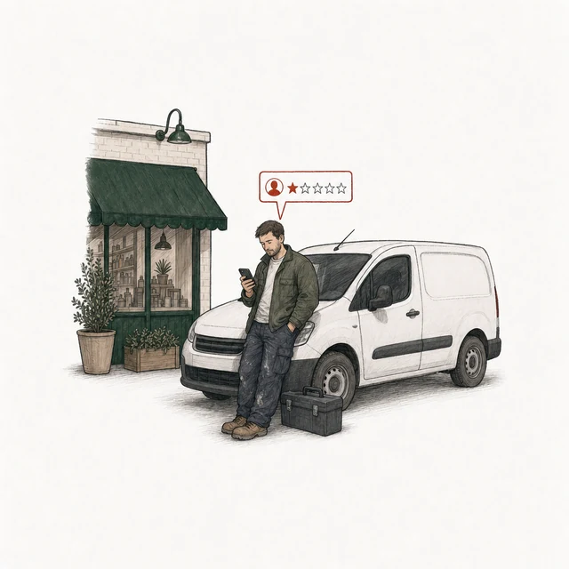A tradesman in work clothes beside his white work van, toolbox at his feet, posts a one-star review; the corner of the shop is behind him.