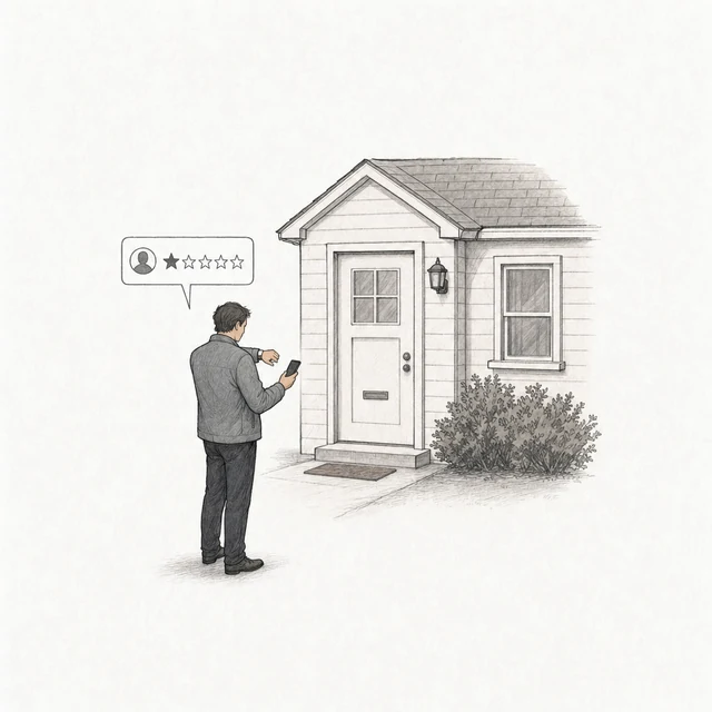 A customer at the door of a house checks his watch after waiting all morning and posts a one-star review, drawn in plain gray.