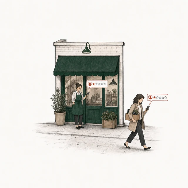 A current employee in the shop's green apron posts a one-star review from its doorway; a former employee in street clothes walks away carrying a box of belongings, posting one too.