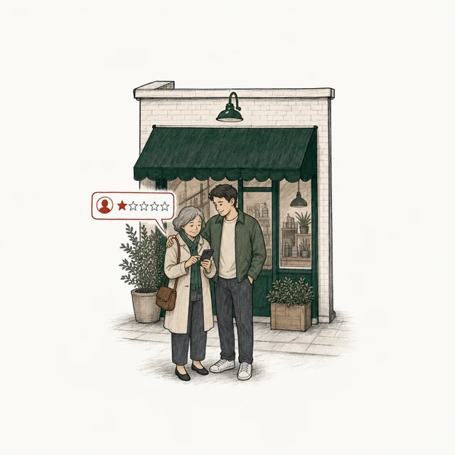 An older woman arm in arm with her grown son outside the shop posts a one-star review.