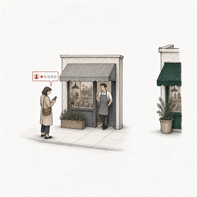 A woman in a coat posts a one-star review a step from a rival shop, where her husband stands in the doorway in a gray apron; the green-awning shop is across the street.