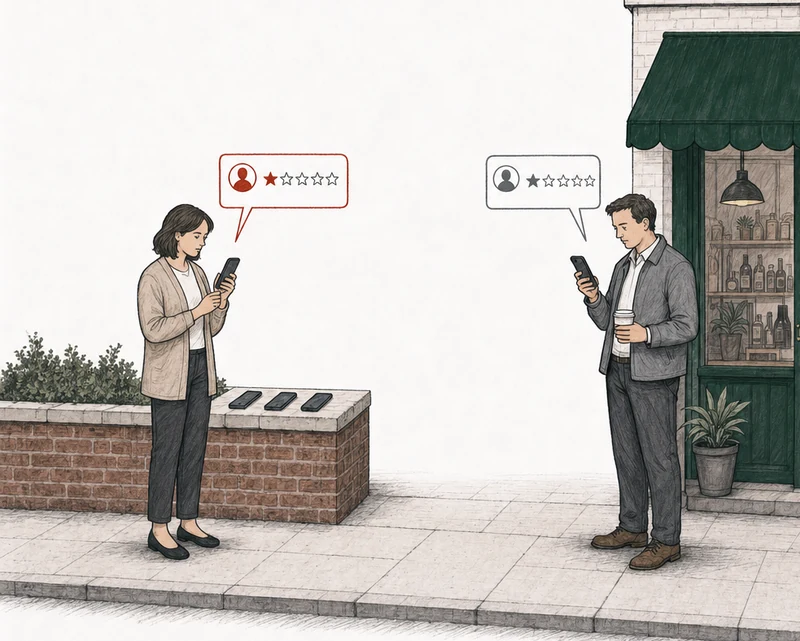 Illustration: two people on the pavement, each posting a one-star review from a phone. At the left, a woman in a cardigan beside a low wall with three more phones lying on it; her review card is drawn in red. At the right, apart from her, by the green-awning shop, an ordinary customer with a takeaway coffee cup; his review card is drawn in plain gray. Labels: Several accounts, Real customer.