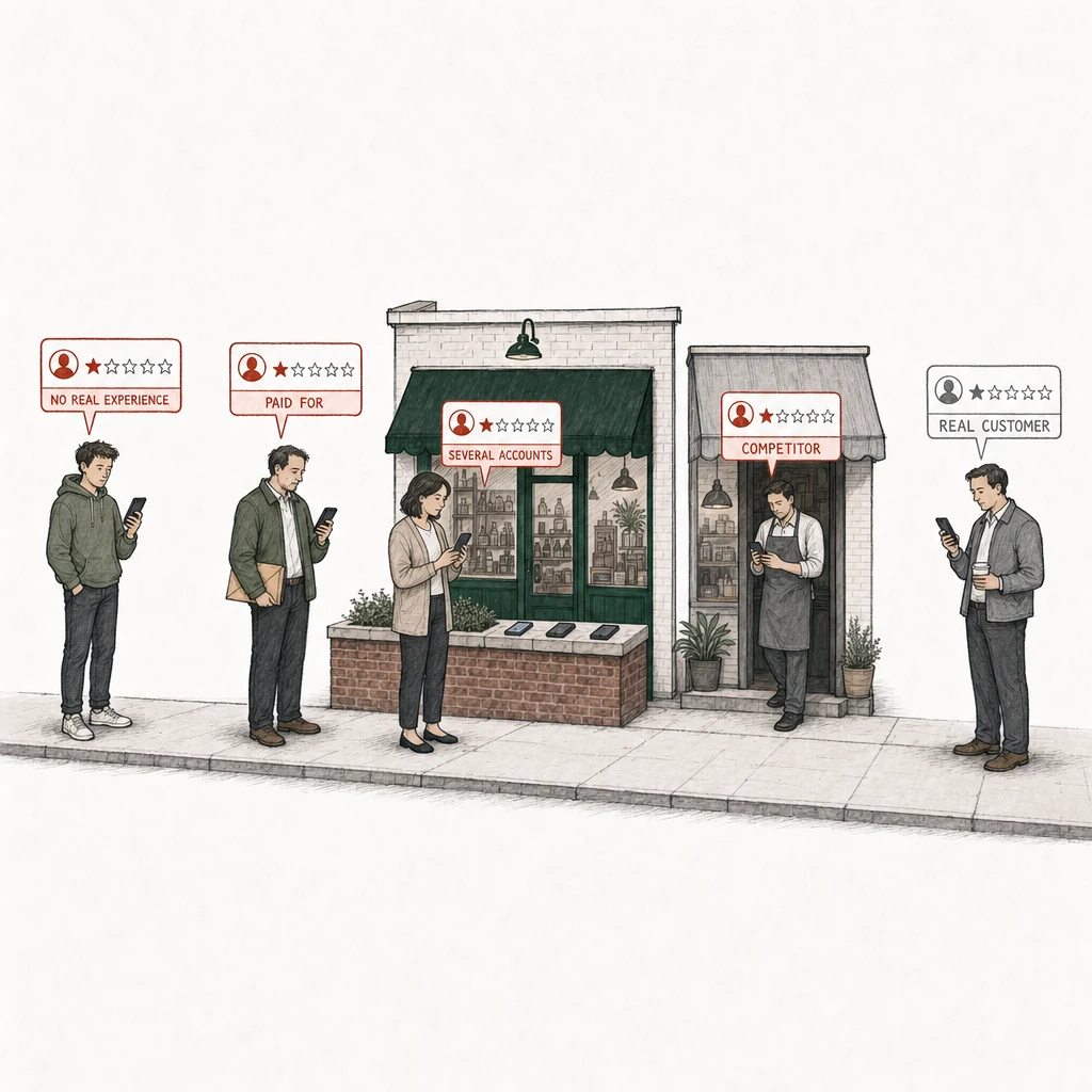 Illustration: a street with a small shop under a green awning and, to its right, a smaller rival shop under a gray awning. Five people post a one-star review from a phone. Four of the review cards are drawn in red and labelled with what puts the review under the policy: No real experience, a young man in a hooded sweatshirt standing well away from the shops; Paid for, a man with a paper envelope under one arm; Several accounts, a woman beside a low wall with three more phones lying on it; Competitor, the rival shop's owner in a gray apron in his own doorway. At the far right, apart, an ordinary customer with a takeaway coffee cup posts a one-star review drawn in plain gray, labelled Real customer.