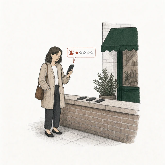 A woman in a cardigan posts a one-star review from one phone while three more phones lie in a row on the wall beside her; the corner of the shop is behind her.