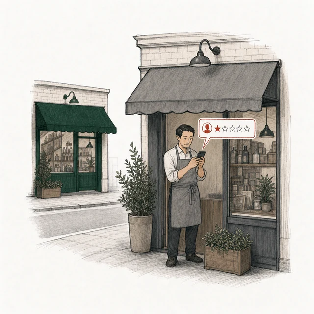 A rival shop owner in a gray apron, in the doorway of his own shop, posts a one-star review; the green-awning shop is across the street.