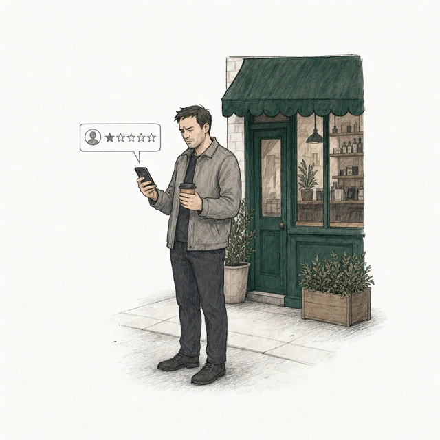 A customer with a takeaway coffee cup, just outside the shop, posts a one-star review drawn in plain gray.