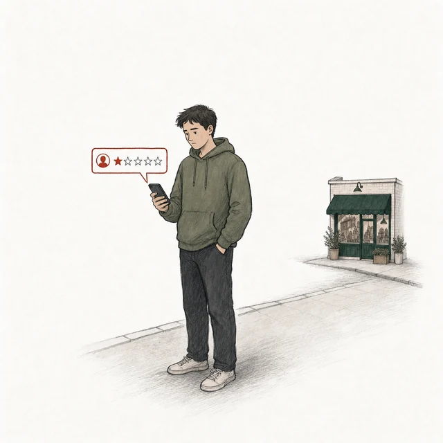 A young man in a hooded sweatshirt, alone on an empty stretch of pavement, posts a one-star review; the shop is far down the street behind him.