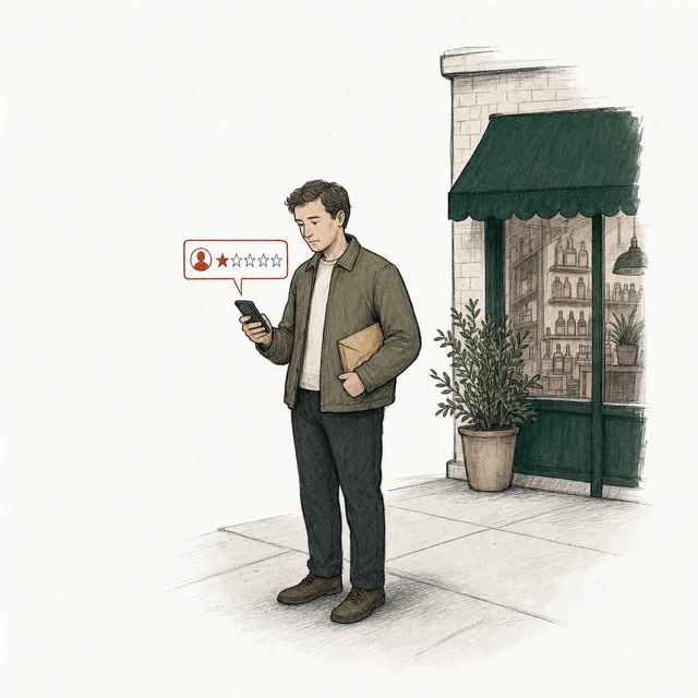 A man in a plain jacket with a paper envelope under one arm posts a one-star review; the corner of the shop is behind him.