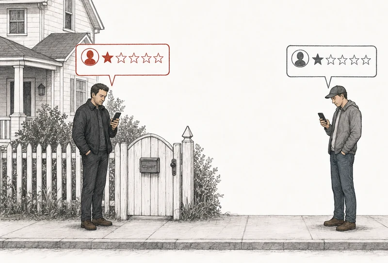 Illustration: two people on the pavement, each posting a one-star review from a phone. At the left, at the closed gate of the owner's house, a man in a dark jacket; his review card is drawn in red. At the right, apart from him, an ordinary customer; his review card is drawn in plain gray. Labels: Threat of harm, Insult, no threat.