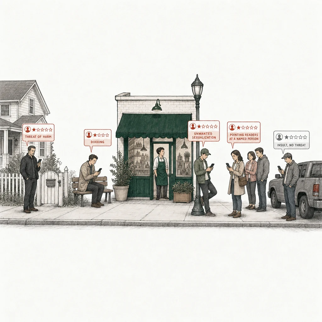 Illustration: a street with a small shop under a green awning and, at the left, the owner's house drawn in plain gray. Five people post a one-star review from a phone. Four of the review cards are drawn in red and labelled with what the words do: Threat of harm, a man in a dark jacket at the closed gate of the house; Doxxing, a man on a bench; Unwanted sexualization, a man leaning on a lamppost outside the shop while an employee in the green apron stands in the doorway; Pointing readers at a named person, a woman with two people reading over her shoulder. At the far right, apart, an ordinary customer beside a gray pickup truck posts a one-star review drawn in plain gray, labelled Insult, no threat.