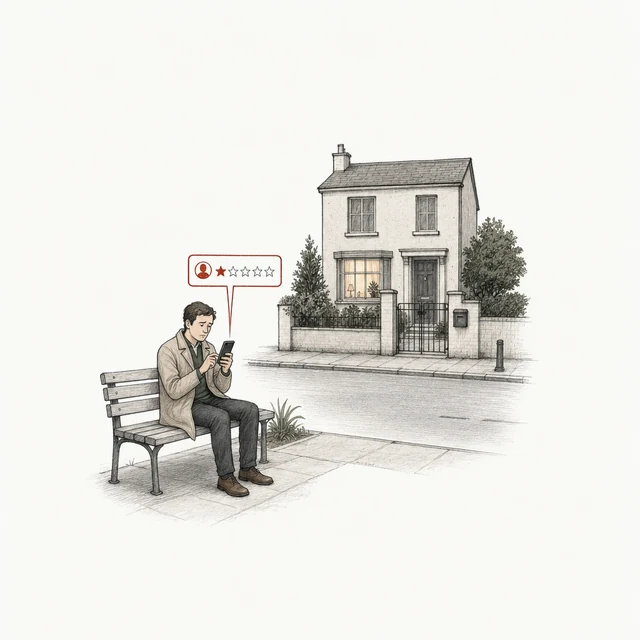 A man on a bench posts a one-star review; across the street behind him, a private house with a mailbox at its gate.
