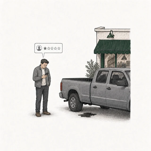 A customer beside a pickup truck with an oil patch under it posts a one-star review, drawn in plain gray; the corner of the shop is behind him.